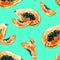 Seamless pattern with bright exotic papaya fruit on blue background. Ripe papaya with black seeds cut in half.