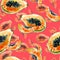 Seamless pattern with bright exotic papaya fruit on red background. Ripe papaya with black seeds cut in half . Watercolor painting