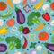 Seamless pattern of bright illustrations of tomato, broccoli, pepper, eggplant.