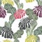 Seamless pattern with bright line monstera leaves and exotic cacti plants