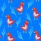 Seamless pattern with bright red birds on blue background,abstract hand drawn birds in doodle style,illustration for