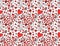 Seamless pattern of bright red hearts, singing birds, roses, balloons, cakes and letters with declarations of love on a white back