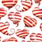 Seamless pattern of bright, striped hearts on a