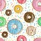 Seamless pattern bright tasty vector donuts illustration isolated on the sprinkles background. Doughnut background