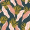 Seamless pattern with bright tropical plants on white background. Vector design. Flat jungle print. Floral background.