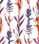 Seamless pattern with bright tropics in vertical colors on a light background, painted with gouache