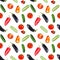 Seamless pattern bright whole and cut vegetables on white background isolated, tomato, cucumber, pepper, eggplant