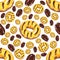 Seamless pattern bright yellow donuts, coffee grain, pattern for fabric