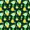 seamless pattern of bright, yellow pineapples with green leaves on a dark background