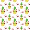 seamless pattern of bright, yellow pineapples in headphones on a white background