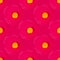 Seamless pattern of broken eggs on pink background, repeating ornament raw egg with yellow yolk on red backdrop, art Easter banner