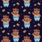 Seamless pattern with Brown bear. A funny and formidable character in pants with suspenders on dark blue background