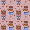 Seamless pattern with brown bears. A pair of cute animals - a girl with a bouquet of flowers and a man in pants with