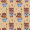 Seamless pattern with brown bears. A pair of cute animals - a girl with a bouquet of flowers and a man in pants with