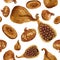 Seamless pattern of brown dried figs painted with watercolour