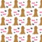 A seamless pattern with brown spaniel dogs and footsteps