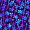 Seamless pattern with brush flowers and leaf. Blue watercolor color on violet background. Hand painted grange texture