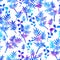 Seamless pattern with brush flowers and leaves plant . Blue watercolor color on white background. Hand painted grange