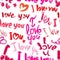 Seamless pattern with brush strokes and scribbles, hearts, words