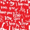 Seamless pattern with brush strokes and scribbles, hearts, words