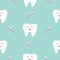 Seamless Pattern Brush Tooth health. Cute funny cartoon smiling character. Oral dental hygiene. Children teeth care. Baby