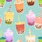 Seamless pattern with bubble tea cups. Endless background with boba in glasses, Asian pearl milk drink. Tapioca