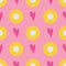 Seamless pattern of bubbles and hearts on a pink background.