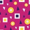 Seamless pattern of bubbles and squares on a burgery background.