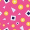 Seamless pattern of bubbles and triangles on a pink background.