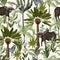 Seamless pattern with bull and other animals in jungle. Vector.