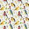 Seamless pattern. Bullfinches, titmice, canaries, robin birds. Autumn leaves and herbs watercolor, isolated background