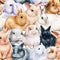 Seamless pattern with bunnies , animal background, watercolor painting