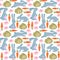 Seamless pattern with bunnies, flowers, carrots and cabbage. Rabbit background for kids.