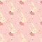 Seamless pattern of bunny ballerina with tutu, flowers, ballerina shoes, and stars on a pink background