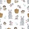 Seamless pattern with bunny rabbit, basket, mushrooms and flowers.