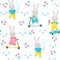 Seamless pattern with bunny on scooter and skateboard. Vector