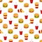 Seamless pattern with burgers, soda and fries. Vector illustration of fast food. Junk food