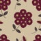 Seamless pattern with burgundy flowers and brown leaves on a beige background