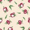 Seamless pattern with burgundy fruits and green lychee leaves on a delicate beige and pink background. Watercolor illustrations.