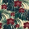 Seamless pattern, burgundy orchid flower and green exotic palm monster leaves