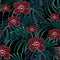 Seamless pattern, burgundy orchid flower and green exotic palm monster leaves.