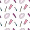 Seamless pattern with burgundy tube of paint and palette, brush and palette knife. Design.