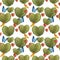 Seamless pattern with bushes in the form of hearts and butterflies. On a wight background.