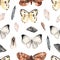 Seamless pattern with butterflies and crystals. Watercolor background