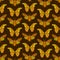 Seamless pattern with butterfly cicadas sketch, yellow orange mustard olive green contour on dark brown background. simple art.