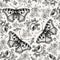 Seamless pattern butterfly Realistic isolated flowers Vintage background Rose Chamomile Wallpaper Drawing engraving textile insect