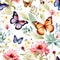 Seamless pattern of butterflys and flowers. Watercolor illustration nature background, Generative AI