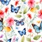 Seamless pattern of butterflys and flowers. Watercolor illustration nature background, Generative AI