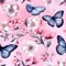 Seamless pattern of butterflys and flowers. Watercolor illustration nature background, Generative AI