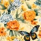 Seamless pattern of butterflys and flowers. Watercolor illustration nature background, Generative AI